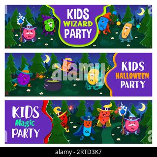 Kids Halloween party. Cartoon mineral and micronutrient wizards Na, Zn, Mg and I. P, Se, Fe, Ca, Cu, K and Na warlocks, witches and sorcerer character Stock Vector