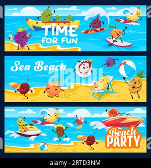 Cartoon fruits on summer beach vacation banners. Leisure on seacoast vector concept with durian, fig, peach and pineapple, banana, dragon fruit cheerf Stock Vector
