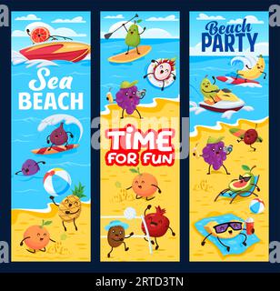 Cartoon fruits on summer beach vacation. Beach party vector vertical banners with funny grapefruit, fig, plum, pineapple, orange and dragon fruit, gra Stock Vector