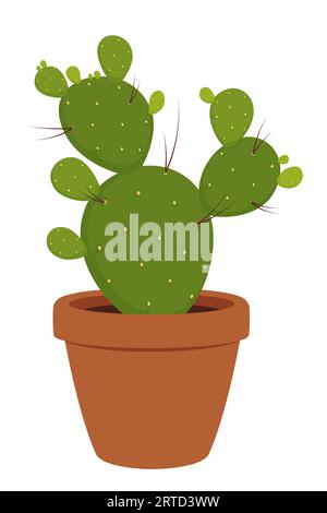 Green succulent opuntia plant in ceramic pot. Isolated vector engelmann prickly pear, nopal, paddle, bunny ear, or polka dot. Beavertail, santa rita, Stock Vector