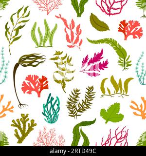Underwater seaweed plants seamless pattern with vector corals and algae. Aquarium, sea and ocean water seaweed background. Green and red leaves of mar Stock Vector