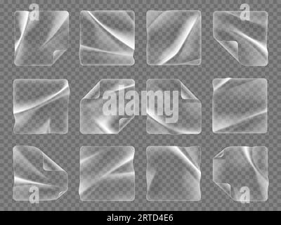 Transparent square plastic stickers, overlay adhesive patches realistic 3d vector mockup. Set of see-through pvc shrunken labels, wrinkled emblems per Stock Vector