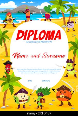 Kids diploma, cartoon vegetable pirate or corsair characters on treasure island. Vector certificate with avocado, carrot, radish and garlic. Squash, p Stock Vector