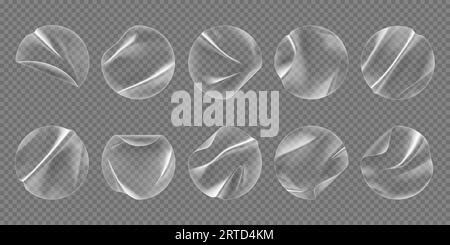 Round overlay adhesive patches, transparent circle plastic stickers. Realistic 3d vector pvc shrunken labels of circular shape. Wrinkled emblems easy Stock Vector