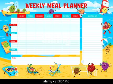 Weekly meal planner, cartoon fruit western cowboy, ranger, sheriff and ...