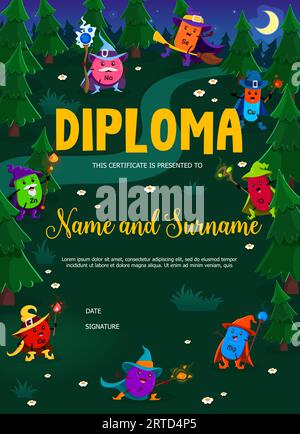 Kids diploma, cartoon mineral and micronutrient wizards. Education school or kindergarten vector certificate with Ca, Zn, NA and Se, Cu or Cl, Mg and Stock Vector