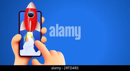 Cute cartoon hand holding mobile smartphone with launching rocket. Social media and marketing concept. Vector illustration Stock Vector