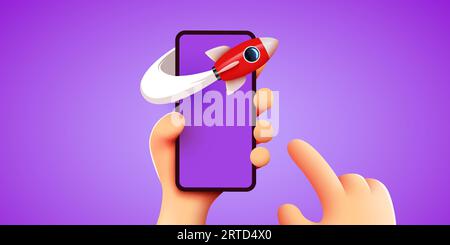 Cute cartoon hand holding mobile smartphone with launching rocket. Social media and marketing concept. Vector illustration Stock Vector