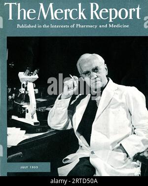 ALEXANDER FLEMING (1881-1955) Scottish physician and microbiologist who discovered penicillin on the cover of a memorial issue of the Merck Report in 1955. Stock Photo