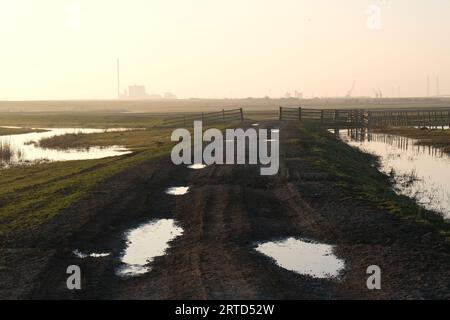 Wet farm track and gate with Elmley Cement Works in the background, Elmley, Isle of Sheppey, Kent, England Stock Photo