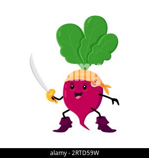Cartoon radish vegetable pirate and corsair character. Vector happy buccaneer veggies with saber. Isolated smiling freebooter or picaroon personage we Stock Vector