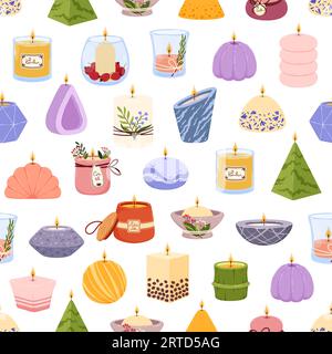 Aromatic SPA candles, seamless pattern background, vector aroma scented lights. SPA candles and aromatherapy tealights and candlesticks pattern of aro Stock Vector