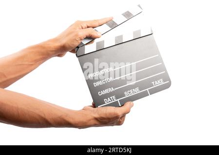 Black male hands holding film clapper isolated on white background Stock Photo