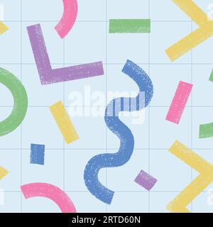 Brush drawn color geometric lines, shapes on checkered background. Cute funny seamless pattern. Stock Vector