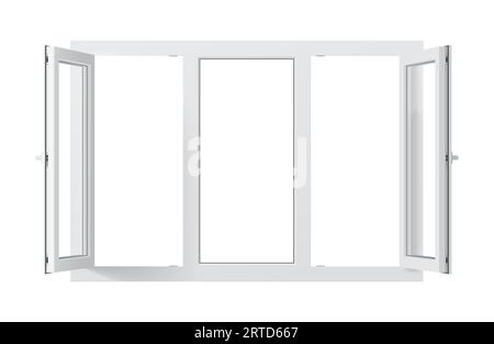 Realistic pvc window with double-glazed glass and authentic-looking hardware, two open casements and durable frame. Isolated 3d vector energy-efficien Stock Vector