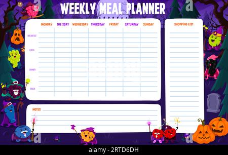 Weekly fitness planner, cartoon vitamin and mineral characters on beach ...