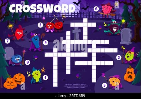 Crossword quiz game. Halloween cartoon berry wizards and mages at cemetery. Vector puzzle worksheet with grape, cherry, gooseberry, honeysuckle, cloud Stock Vector