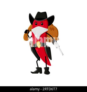 Cartoon chili pepper gangster or bandit character. Vector wild west hero, robber or ranger in cowboy hat and mask carry money sack. Western personage Stock Vector