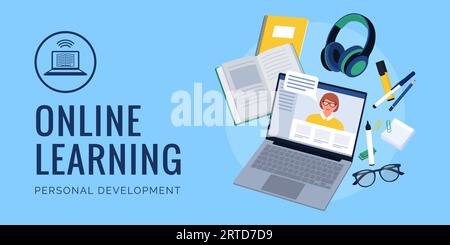 Online learning: online course on a laptop and educational supplies; e-learning and adult learning concept Stock Vector