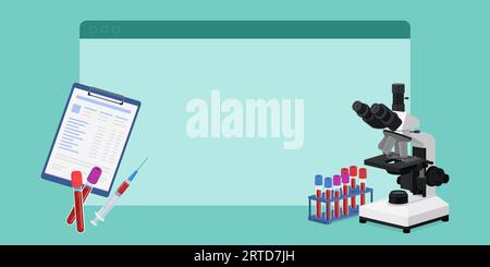 Blood test: microscope, blood samples and medical records, blank computer window in the background Stock Vector