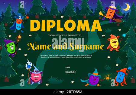 Kids diploma cartoon mineral and micronutrient wizards. Vector award frame template. Educational school or kindergarten certificate with Cu, Zn, Na, S Stock Vector