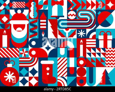 Abstract Christmas geometric bauhaus pattern. Vector seamless background of geometry ornament with Xmas holiday mosaic. Christmas tree, gift, Santa an Stock Vector