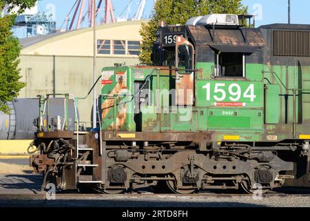 Seattle - September 9, 2023; BNSF 1594 at Seattle Stacy Yard in former Burlington Northern green livery Stock Photo