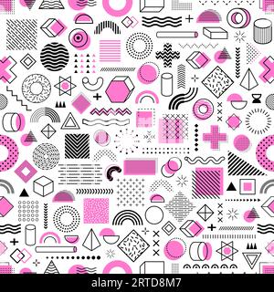 Memphis geometric shapes seamless pattern background of abstract elements, vector colors and forms. Memphis pattern shapes of doodle line dots, circle Stock Vector