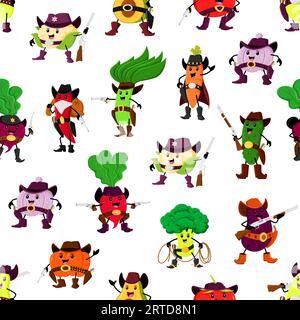 Cartoon vegetable cowboy and rangers seamless pattern. Funny Wild West veggie food vector characters background with cute carrot, zucchini and broccol Stock Vector