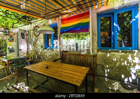 The outdoor area of Sofia Melnikova’s Fantastic Douqan restaurant on Tabukashvili Street, Tbilisi, Georgia. The tables are set beneath a dense canopy of vines through which sunlight filters; a rainbow flag on the wall identifies the venue as an LGBTQ-friendly meeting place in Tbilisi. Revaz Tabukashvili Street, Garetubani, Mtatsminda, Sololaki, Mtatsminda District, Tbilisi, 0108, Georgia Stock Photo