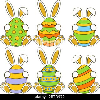 Set of colorful Easter eggs with bunnies Stock Vector