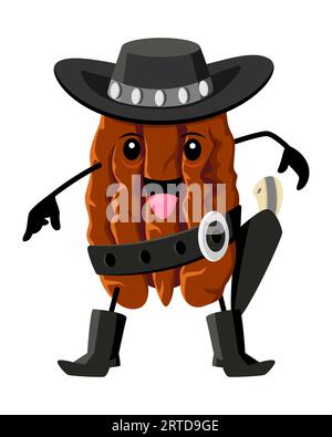 Cartoon pecan nut cowboy character. Vector wild west pekan kernel, western hero wear hat and boots and gun on the belt. Healthy protein food horseman personage with funny smiling face, vitamin nut Stock Vector