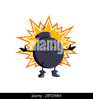 Cartoon bomb character, explosive weapon personage with burst, wick or fuse igniting chaos, danger, and suspense with its powerful face expression and pose. Isolated vector explode bomb makes big boom Stock Vector