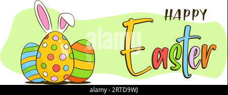 Happy Easter colorful lettering. Easter greeting banner concept. Colorful Easter eggs with bunny ears Stock Vector
