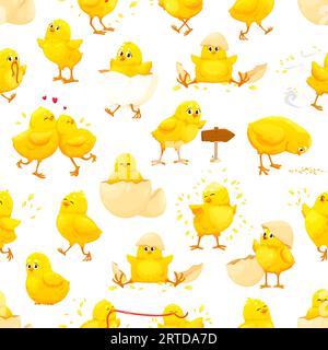 Cartoon chick characters seamless pattern. Cute yellow baby chicken personages with egg shells, worms and cereal grains, vector background. Funny little chicks pattern, Easter backdrop or tile Stock Vector