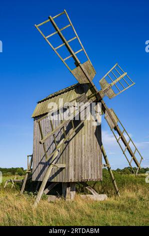 Traditional trestle windmill by the village of Himmelsberga on Öland island, Kalmar län, Sweden. Stock Photo