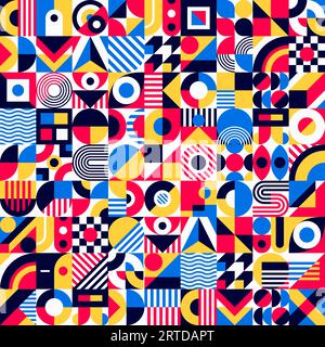 Bauhaus elements seamless pattern. Abstract geometric background with vector graphic shapes of color circles, squares and triangles. Bauhaus backdrop with basic figures and simple forms of geometry Stock Vector