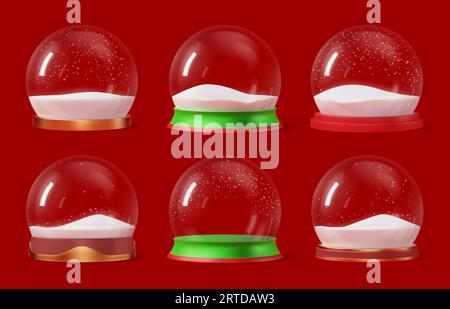 Christmas glass snow globes. Winter season holiday, Xmas or New Year celebration realistic vector souvenir or toy. Isolated Christmas empty balls with golden, green, red base and flying snow inside Stock Vector