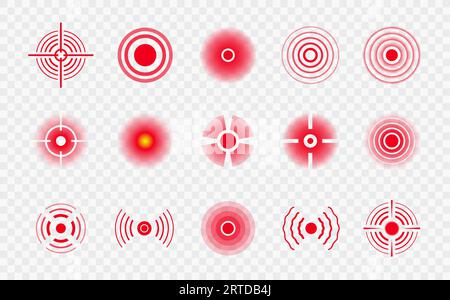 Pain points. Vector sick places localization marks isolated vector icons set. Red circular elements with targets and wavy extensions. Unpleasant physical sensations of varying intensity and body aches Stock Vector