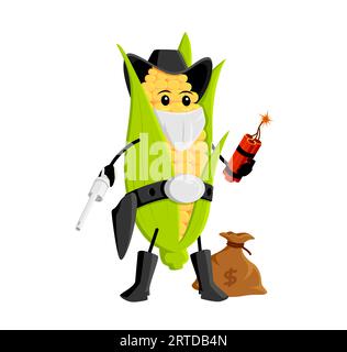 Cartoon wild west corn cob robber or bandit character. Isolated vector Explosive maize cob ranger personage with money sack, armed with gun and dynamite, ready to bring a fiery twist to any adventure Stock Vector