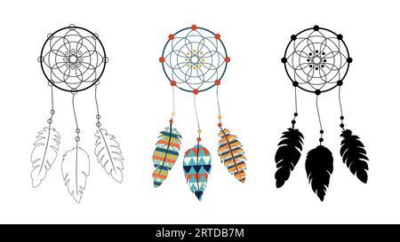 Native American Indian Dream Catchers set. In color, silhouette, outline. Vector isolated on white. Mandala and feathers. Indian culture. Ethnic spiritual talisman. Spiritualism. Hippie design print. Stock Vector