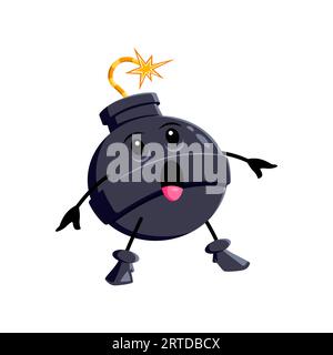 Cartoon shocked bomb character, explosive weapon personage with burning wick or fuse expressing dazed expression, conveying a sense of imminent danger and surprise. Isolated vector overwhelmed emoji Stock Vector