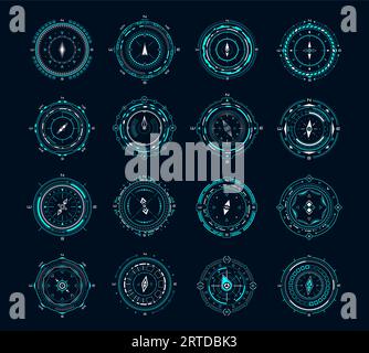 HUD compass, futuristic vector set of optical round aiming, sci-fi spaceship dashboard neon glowing elements. Aim control panel or navigation interface. Modern techno display, digital focus indication Stock Vector