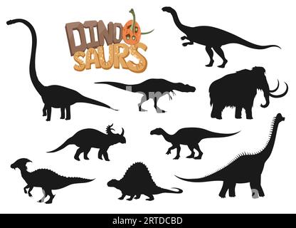 Dinosaur character silhouettes with cartoon dino egg and baby brachiosaurus, vector prehistoric animals. Black silhouettes of mammoth, parasaur, dimetrodon and iguanodon, tarbosaurus and plateosaurus Stock Vector