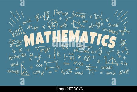 Mathematics background with symbols and formulas, math science, education. Vector school blackboard with sketch chalk geometry and algebra equations. Trigonometry diagrams and graphs backdrop Stock Vector