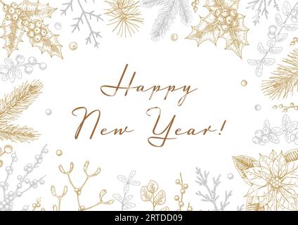 Merry Christmas and Happy New Year horizontal greeting card with hand drawn golden fir tree brandhes and cones. Vector illustration in sketch style. F Stock Vector