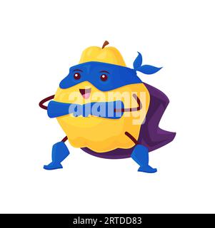 Quince fruit cartoon superhero character. Vector defender super hero personage in cape and mask stand in protective pose. Funny cheerful fairytale healthy food, brave tropical vitamin ready for feat Stock Vector