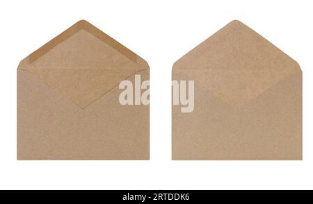 Brown envelope isolated on white background. Letter, front and back view. Craft made from recycled paper. Design element. Copy space Stock Photo