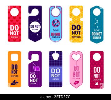 Do not disturb hotel signs. Isolated vector hangers, colorful hotel door warning messages for hospitality service, motel or hostel doorway tags for personnel notification. Paper or plastic cards set Stock Vector