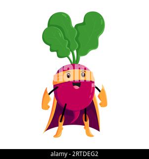 Cartoon radish vegetable super hero character. Isolated vector Funny fairytale comics book vitamin in cape and mask, healthy food, superhero personage in cloak with super power ready for adventure Stock Vector